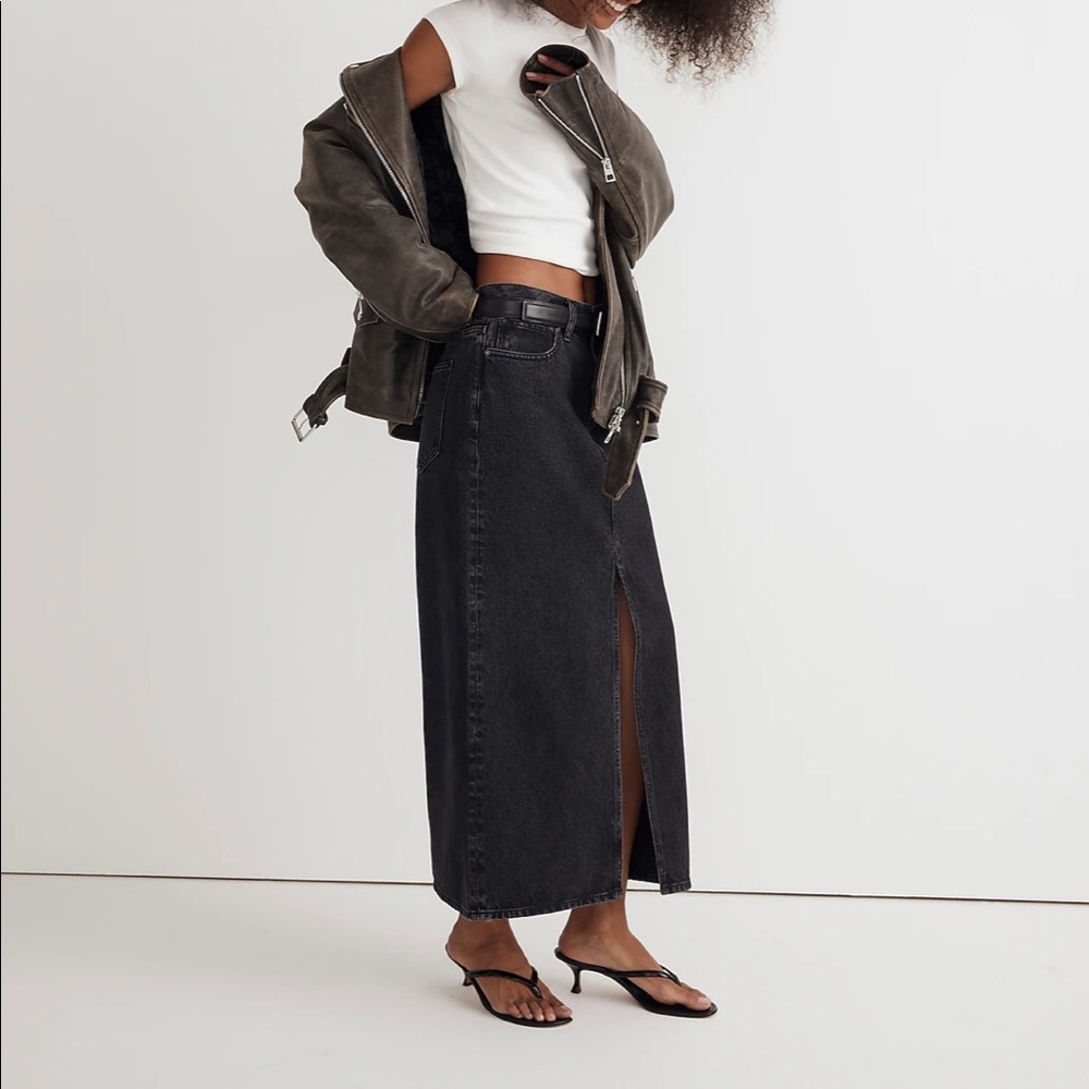 Madewell Black Denim Midi Skirt with Front Slit